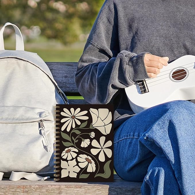 Boho Abstract Floral Spiral Notebook, Boho Gifts for Women Student Teacher, Bohemian Minimalist Botanica Lined Notebook Hardcover, College Ruled Notebook Journal for Writing, 5.5x8.3