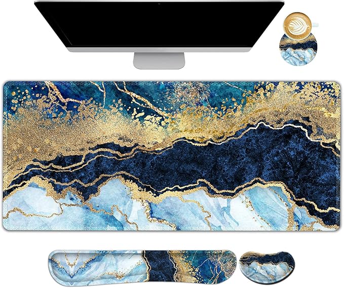 ARTSO Large Gaming Mouse Pad, Keyboard Wrist Rest Pad & Wrist Support Mousepad Set, Stitched Edge, Extended, Non-Slip Base, Memory Foam,Multifunctional Desk Mat 4pcs for Office & Home, Blue Marble