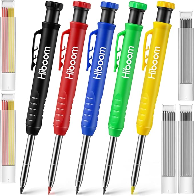 Hiboom 5 Pcs Mechanical Carpenter Pencil, 30 Pcs Refills Needle Nose Tip Hole Marker with Built in Sharpener, Scribe Making Tools for Woodworking, Design Patent (Yellow, Red, Green, Blue, Black)