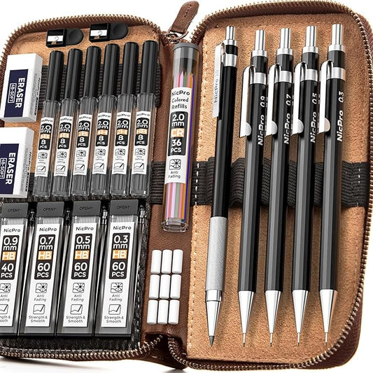 Nicpro 29PCS Black Metal Mechanical Pencil Set in Leather Case, 0.3, 0.5, 0.7, 0.9 & 2mm Lead Pencil Holder, (6B 4B 2B HB 2H 4H) Lead Refills (Black & Colors), Eraser For Art Drafting Sketching