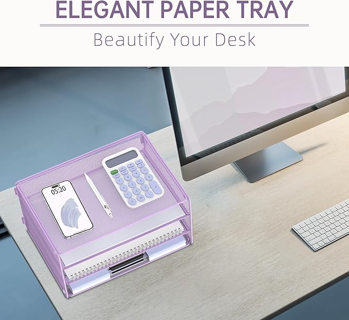 DALTACK 3 Tier Letter Tray Paper Organizer Mesh Metal Desk File Organizer for Home & Office, Light Purple