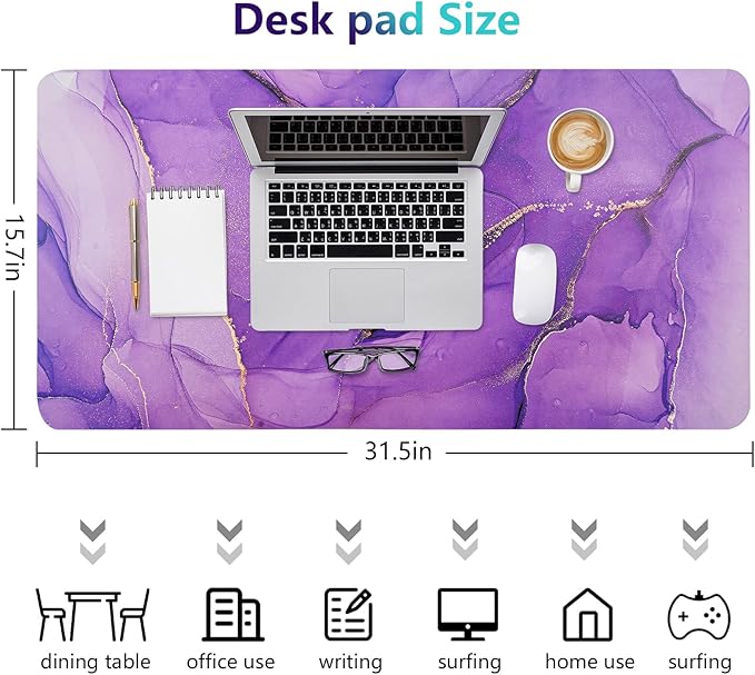 Desk Mat, Dual Leather Sided Desktop Pad for Office and Home, Ideal for Large Mouse Pad and Desk Mats (Purple Marble 31.5"x 15.7")