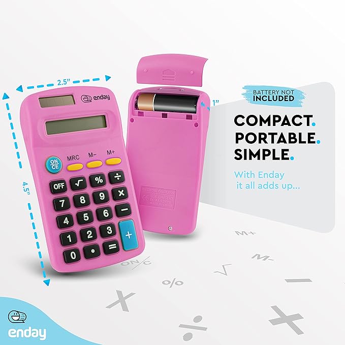Calculator Pink, Basic Small Solar and Battery Operated, Large Display Four Function, Auto Powered Handheld Calculator School and Kids Available in Green, Red, Purple, Grey, Blue, 1 PK – by Enday