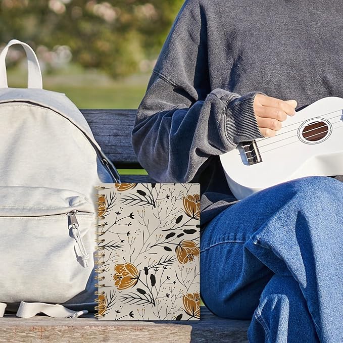 Boho Floral Botanical Journal Notebooks, Gold and Black Flower College Ruled Notebooks for Note Taking, Wildflower Journal Journaling, Spiral Notebook 5.5x8.3