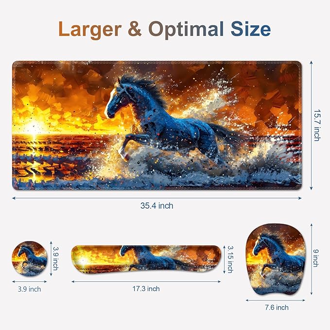 Large Mouse Pad, Keyboard Wrist Rest Set, Ergonomic Mouse Pad with Wrist Support, Desk Mat with Stitched Edges + Coaster, Extended Desk Pad Waterproof Desk Mat for Home Office Game I Running Horse