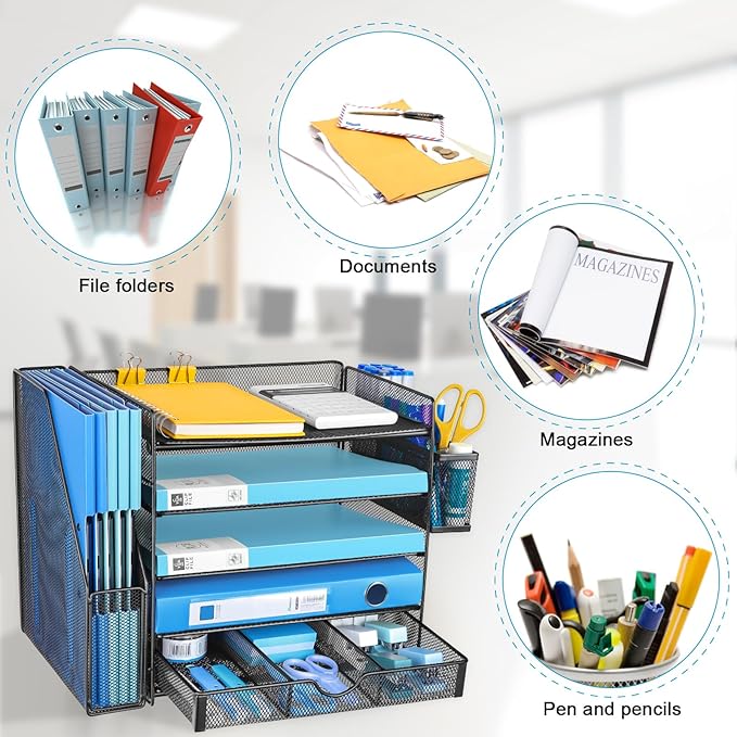 Desk Organizers with File Holder, 5-Tier Paper Organizer Letter Tray with Sliding Drawers and Extra Pen Holder, Mesh Desktop File Organizer for School Office Supplies, Black.
