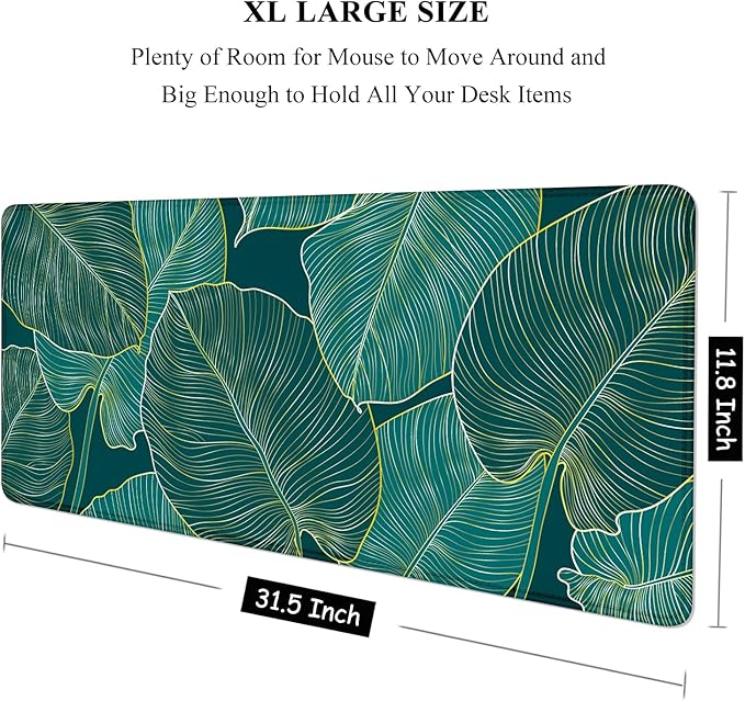 Auhoahsil Desk Pad, XL Extended Large Gaming Mouse Pad 31.5 x 11.8 Inch, Waterproof Mousepad with Stitched Edge, Non-Slip Computer Keyboard Laptop Mat for Women Men Office Work, Teal Tropical Leaves