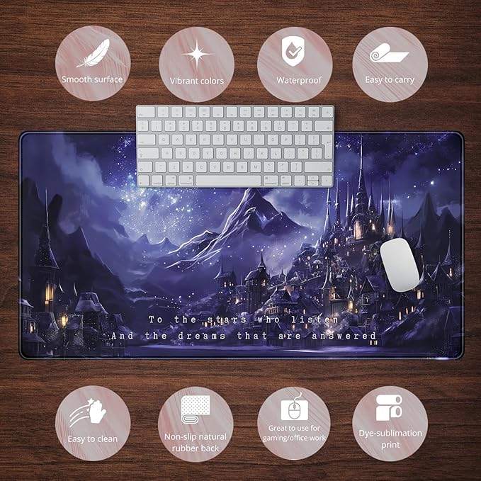 Night Purple Desk Mat Dark Academia Anime Computer Desk Keyboard Mat, 31.5 X 15.8 in Office Decor for Women Castle Aesthetics Mouse Pad XXL for Desktop Laptop Computer Mouse Gaming Pad