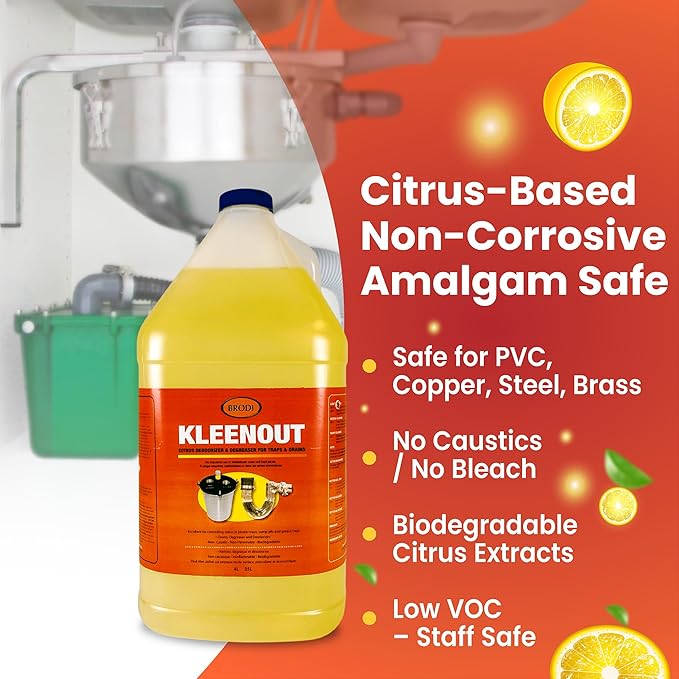 Kleenout Deodorizer & Degreaser for Plaster Traps, Dental & Lab Drains, Citrus Based, Non-Caustic, Amalgam Separator Compatible, Safe on All Pipes, 1 Gallon