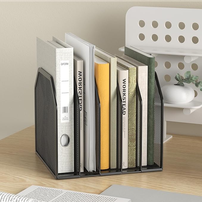 Metal 5-Section File Folder Organizer for Desk | Compact Vertical Desk File Holder | Desktop Paper Sorter for Documents, Notebooks, Books | Black Office Organizer (9.3”x8.5”x7.9”)