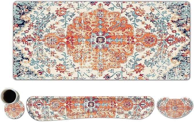 Keyboard Mouse Pad Set, Extended Gaming Mouse Pad +Keyboard Wrist Support +Mouse Wrist Rest +Coaster, 35.4x15.7 in XXL Large Ergonomic Desk Mat 4in1 Set for Home Office, Vintage Bohe