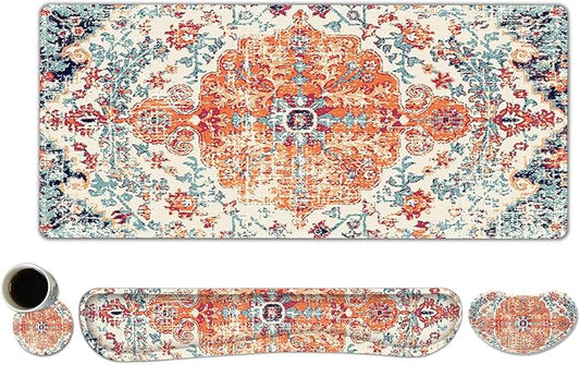 Keyboard Mouse Pad Set, Extended Gaming Mouse Pad +Keyboard Wrist Support +Mouse Wrist Rest +Coaster, 35.4x15.7 in XXL Large Ergonomic Desk Mat 4in1 Set for Home Office, Vintage Bohe