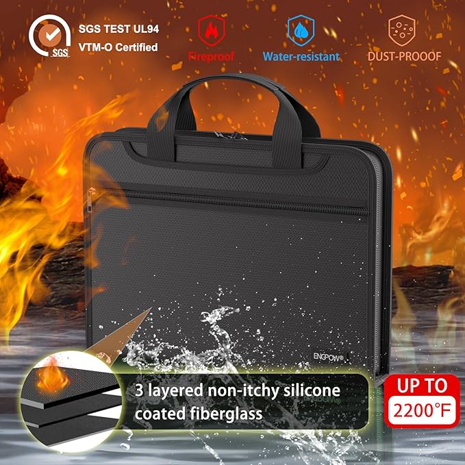 ENGPOW Document Organizer Folder,Fireproof Expanding File Folder with Multi Pockets,3 Pockets File Organizer with Handle,Portable Home Travel Safe Storage for Important Documents,Passport,Laptop