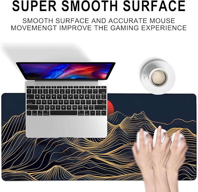 Gaming Mouse Pad, Abstract Golden Mountains and Red Sun Large Desk Mat for Keyboard and Mouse,Non-Slip Rubber Base and Stitched Edges Desk Pad for Home Office 35.4x15.7in
