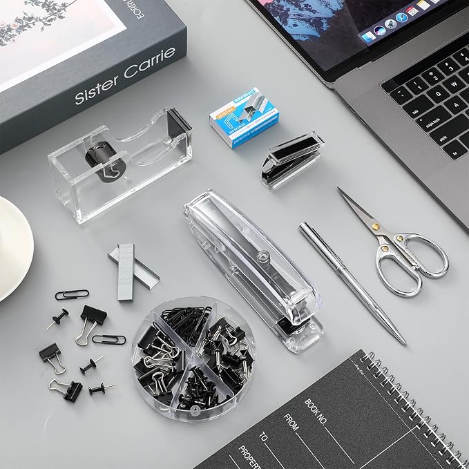 Outus Office Supplies Set Desk Accessory Kit, Acrylic Stapler Set Staple Remover, Tape Dispenser, Binder Clips, Paper Clips, Ballpoint Pen and Scissor with 1000 Pieces 26/6 Staples (Black)