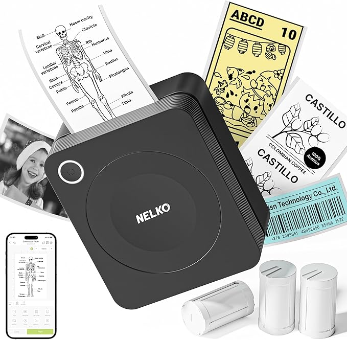 Nelko Sticker Printer, PM230 Print Pod Mini Bluetooth Portabel Sticker Maker with 3 Rolls Paper, Print Pods Mini Printer with Multiple Templates for Phone & Tablet，for School Office Home, Black