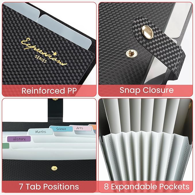 Sooez Accordion File Organizer, 8 Pocket Expanding File Folder with Labels, Letter Size Folders for Documents, Portable Paper Bill Receipt Organizer for Home School Office Supplies, Pink