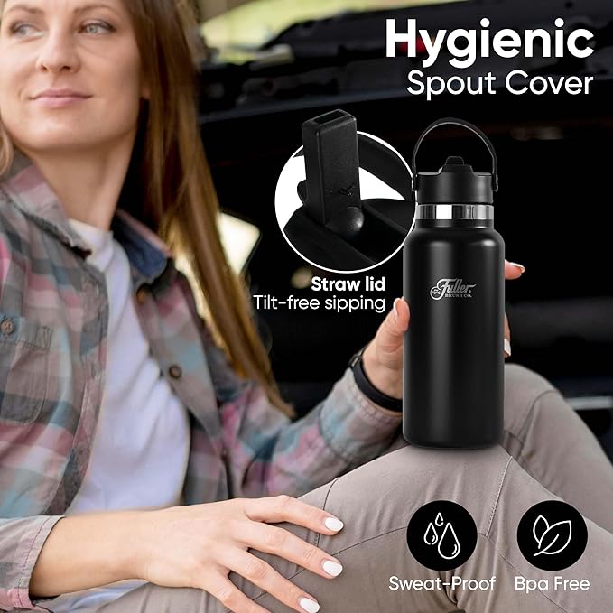 Fuller Stainless Steel Water Bottle with Straw Lid – BPA-Free, Sweat-Proof, Leak-Proof Travel Mug – Double Wall Insulated for Hot & Cold Drinks – Carry Handle (Black, 32 Oz.)