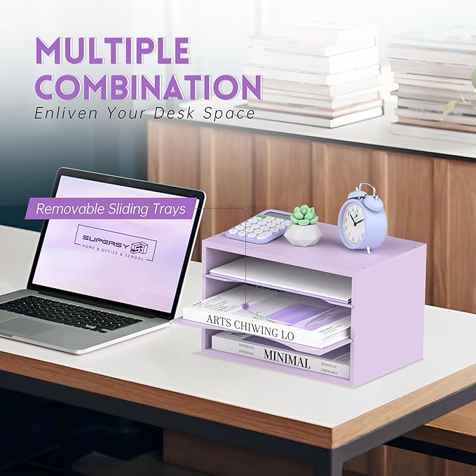 SUPEASY Wood Desk Organizer, 3 Tier Paper File Organizer for Desk, Wooden Desktop Organizer, Paper Letter Literature Mail Sorter, for Office School & Home Organization, Purple