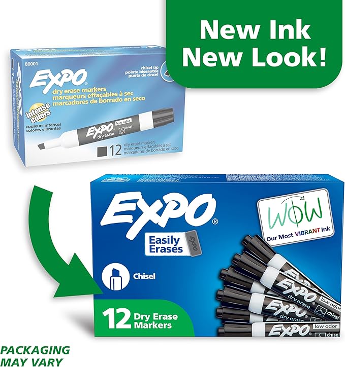 EXPO Dry Erase Markers, Low Odor Ink, Black, Chisel Tip, 12 Count - Easily Erases, Vibrant Ink, Ideal for Classroom, Back to School Supplies, Teachers, Office, Whiteboard & Home