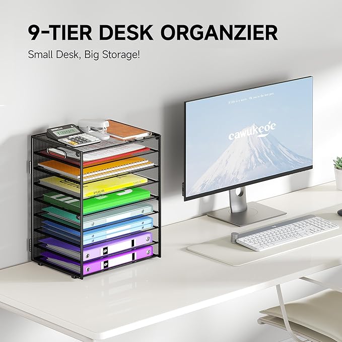 9 Tier Paper Organizer with Handle, Large Capacity Desk Organizer Mesh Paper Letter Tray File Folder Document Sorter for Classroom and Office Accessories Organization- Black (2 Pack)