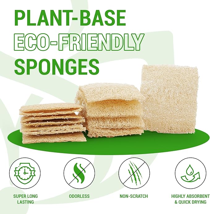 Natural Loofah Dual-Sided Scouring Pads, Plant-Based Non-Scratch Scrubbers for Kitchen Cleaning, Dishwashing, Household Use, 12 Count