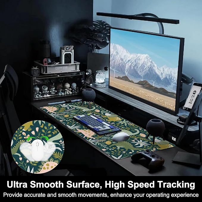 Mouse Pad, Large Dinosaurs with Tropical Plants Desk Mat, Extended Non-Slip Gaming Keyboard Mousepad Desk Pad, Thick Stitched Edges Waterproof Mouse Mat 31.5"x15.7" (Cute Dino and Flowers)