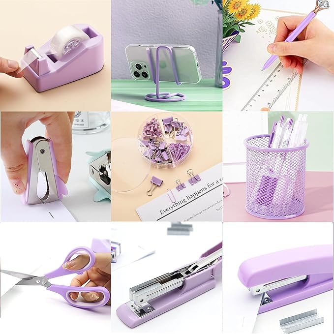 Purple Office Supplies, Purple Desk Accessories, Stapler, Staple Remover, Tape Holder, Pen Holder, Ballpoint Pen, Scissor, Binder Clips, 1000 Staples, Phone Holder, Ruler, Transparent Glue and Notes