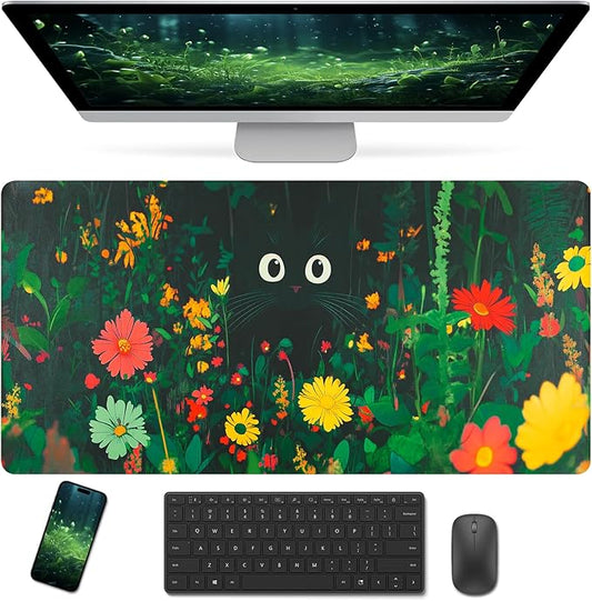 Bloss Green Mouse Pad,Large Floral Plants Desk Pads for Desktop,Cute Black Carton Cat Leather Desk Mat for Keyboard and Mouse,Computer Laptop Desk Protector Mat for Office/Home/Women Gift,31.5"x15.7"