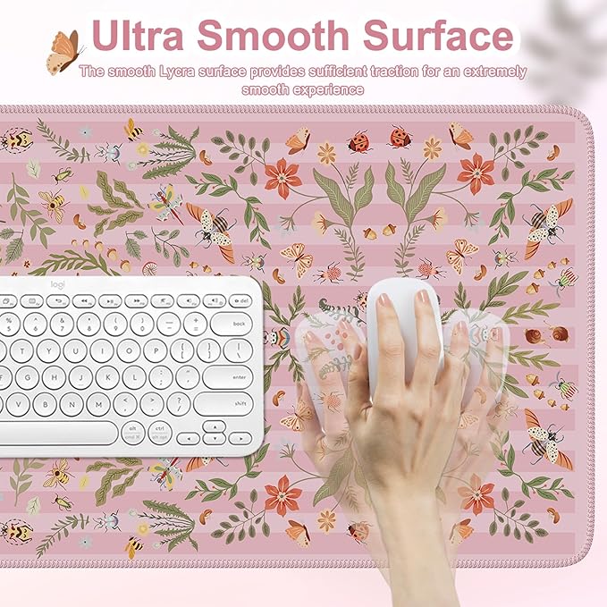 iCasso Floral Desk Matt for Desktop,Cute Desk Pad for Keyboard and Mouse with Stitched Edges,XXL Extended Large Computer Mat 35.4 x 15.7 inch,Non-Slip Gaming Mousepad for Women,Office,Home(Pink)