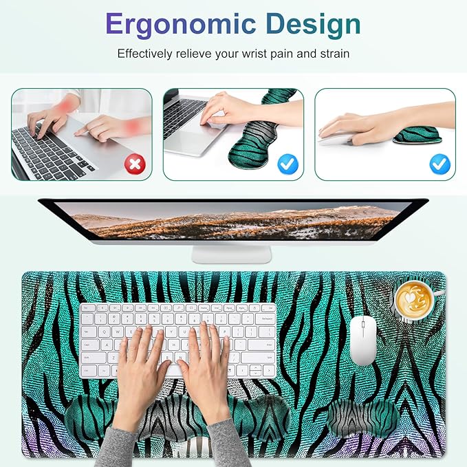 Gaming Mouse Pad Keyboard Wrist Support, 4 in1 Mousepad with Wrist Keyboard Rest, Computer Desk Mat, Non-Slip Desk Pad Protector with Memory Foam Easy Typing Pain Relief I Green Zebra Stripes