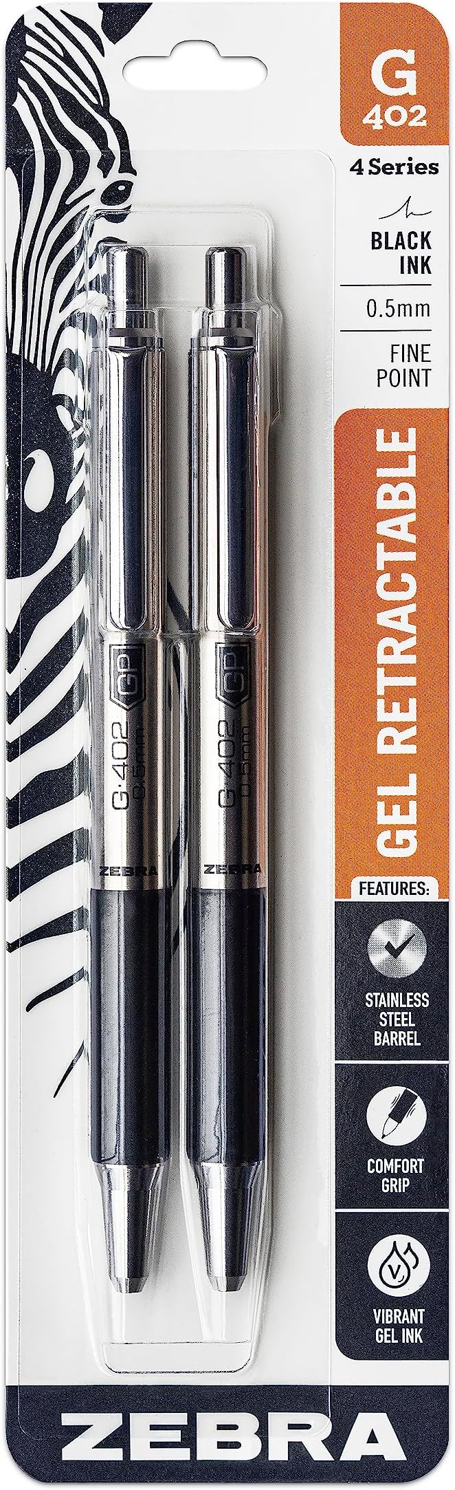 Zebra Pen G-402 Gel Pens 2-Pack, Black Ink, 0.5mm Fine Point, Stainless Steel Barrel, Comfortable Rubberized Grip, Secure Metal Clip, Shirt Pocket-Friendly (49212)