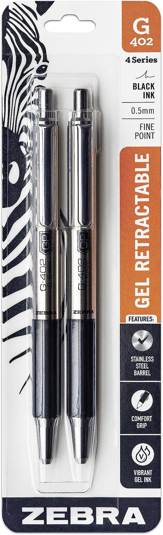 Zebra Pen G-402 Gel Pens 2-Pack, Black Ink, 0.5mm Fine Point, Stainless Steel Barrel, Comfortable Rubberized Grip, Secure Metal Clip, Shirt Pocket-Friendly (49212)