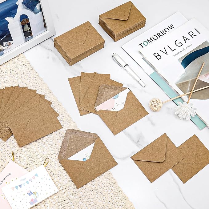100 Pack 4 x 2.75" Mini Envelopes 120GSM Gift Card Kraft Envelopes Bulk Small Paper Gift Card Sleeves Greeting Card Business Card Brown Tiny Envelope Pockets for Card & Invitation