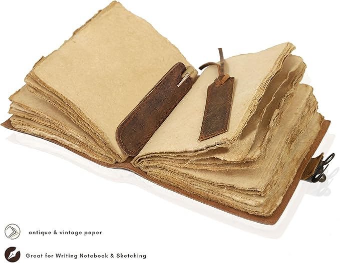 HLC Leather Journal, 200 Pages of Antique Deckle Edges Handmade Paper Vintage Journals for Men & Women, Vintage Lock Closure Rustic Brown Leather Gifts with Pen Holder (8" X 6" inches)