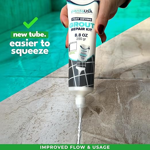 PentaUSA Tile Grout Repair Kit - White Grout Filler, Triple Protection, Fast Drying Formula Restores and Renews Grout Lines with Scraper (White, 8.8oz / 250gr)