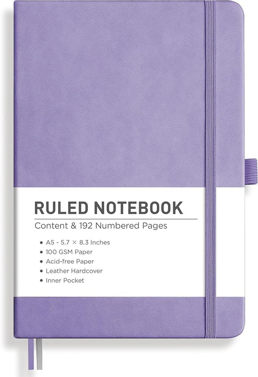 RETTACY Lined Journal Notebook, 192 Numbered Pages, A5 Medium Size (5.7'' x 8.3''), for Men & Women, Journaling, Writing, Work & Office, Leather Hardcover, 100 GSM Thick Paper (Purple)