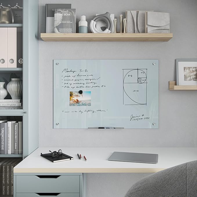 U Brands Magnetic Glass Whiteboard, 24” x 36" Inches, White Frosted Surface, Frameless, Only for Use with HIGH Energy Magnets, Dry Erase Board for Office, School, Home