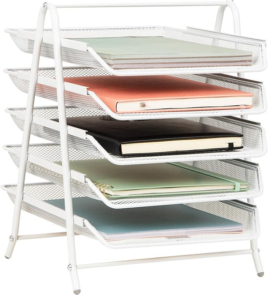 Mind Reader 5-Tier Paper Tray Organizer, Vertical Desktop File Storage Rack, Office, Metal Mesh, White