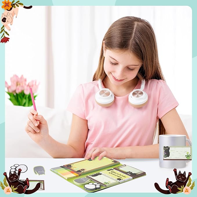 B1ykin Sticky Notes Set - Cartoon Theme Cute Self-Stick Notes Pad Teacher Appreciation Gifts， Self-Adhesive Writing Memo Pages Sticky to Do Notepad for Kids Employee School Office (Black Cat Floral)