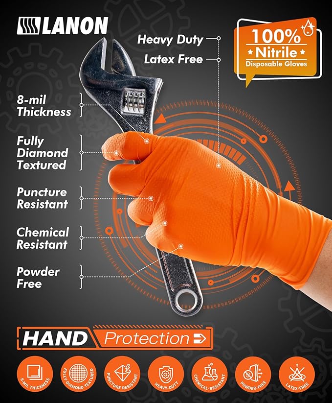 LANON 8mil Orange Disposable Nitrile Gloves, Mechanic, Heavy Duty, Food Safe, Latex Free, Powder Free, Fully-Diamond Textured, Small