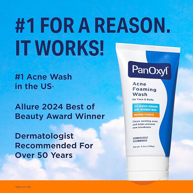 PanOxyl Acne Foaming Wash Benzoyl Peroxide 10% Maximum Strength Antimicrobial, 5.5 Oz (Pack of 2)