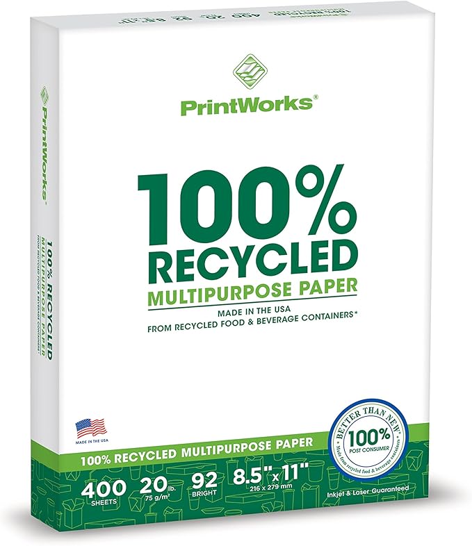 PrintWorks 100% Recycled Printer Paper 8.5" x 11" White - 20 lb Copy & Multipurpose Computer Paper - 6 Packs, 2400 Sheets - Made in the USA - 92 Bright - Printer & Copier Compatible (00018C)