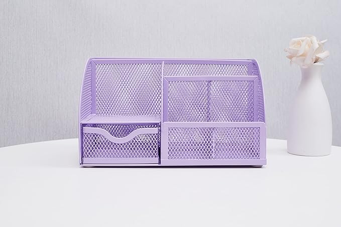 Annova Mesh Desk Organizer Office with 7 Compartments + Drawer/Desk Tidy Candy/Pen Holder/Multifunctional Organizer (Light Purple)