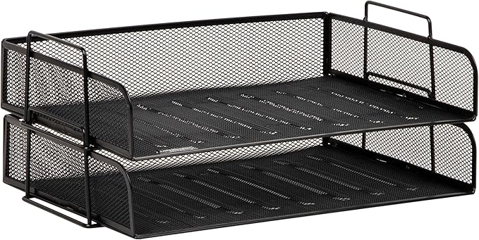 Mind Reader Stackable Paper Tray, Desktop Organizer, File Storage, Office, Metal Mesh, 13.25" L x 9.75" W x 6.25" H, 2 Pcs., Black
