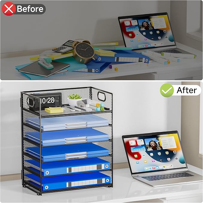 Paper Organizer for Desk Organizers and Accessories for Office 6 Tier Letter Tray Storage with Handle Mesh Desktop Paper Holder for School- Black