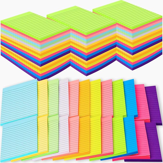 60 Pack Lined Sticky Notes Bulk 4 x 6 in Large Ruled Post Sticky Colorful Self-Stick Note Pads with Lines 12 Color Super Sticking Power Memo Pads 45 Sheets/pad for Office Home School Notebook Wall