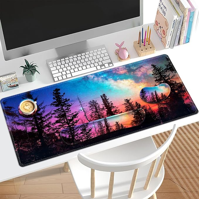 Keyboard Mouse Pad Set, Extended Gaming Mouse Pad +Keyboard Wrist Support +Mouse Wrist Rest +Coaster, 35.4x15.7 in XXL Large Ergonomic Desk Mat 4in1 Set for Home Office, Starry Forest