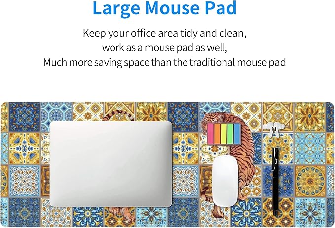 Mexican Tile Tiger Large Mouse Pad, Vintage Aesthetic Gaming Desk Mat, XL Keyboard Desk Pad Mat for Desktop, 31.5"x11.8" Non-Slip Base Big Mousepad with Stitched Edges