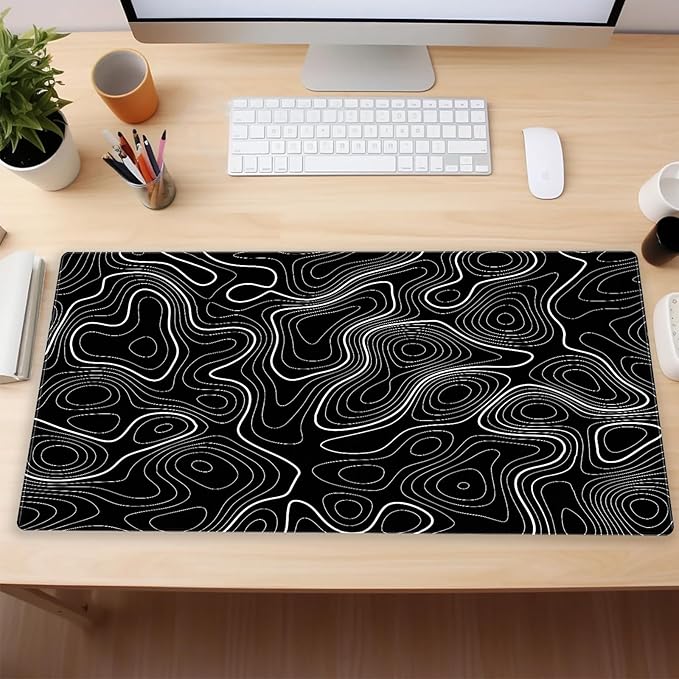 Black Topographic Map Desk Mat - Large Extended XL Gaming Mouse Pad with Stitched Edges, Full Desk Keyboard Mat for Laptop Computer, Abstract Art Desk Decor (31.5"x15.7")